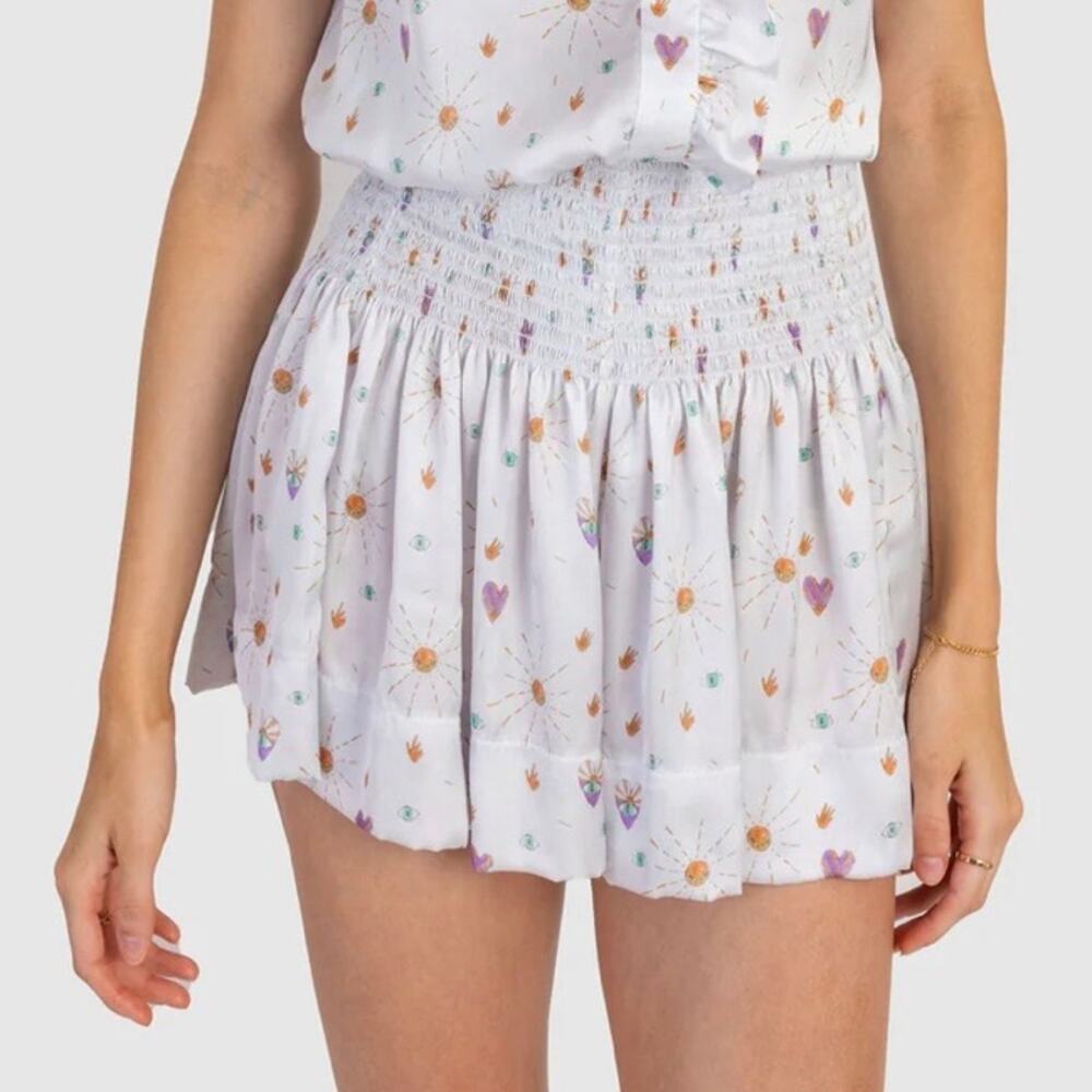 Koch Erica Satin Smocked Watercolor Hearts Sun Shorts Erica Mini Skirt SMALL